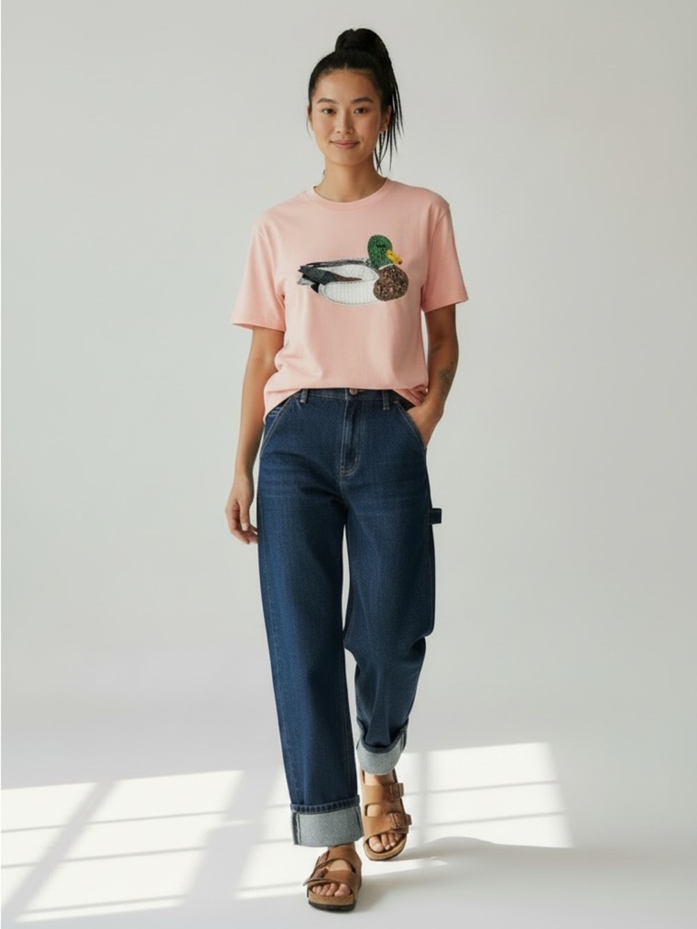 1194. Mallard duck faux quilted short sleeve t-shirt pink